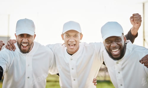 Preview: Men, portrait or winner success on baseball field, games or match victory for diversity fitness, ex