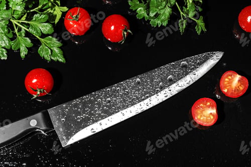 Preview: Chef's knife and products on black background