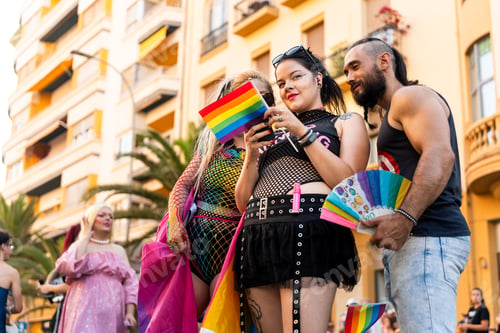 Preview: People celebrating gay pride holding rainbow flags and fans