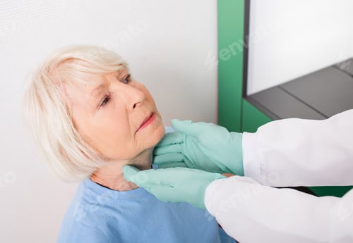 Preview: An elderly woman have a thyroid check. Diagnosis of diseases of the endocrine system,