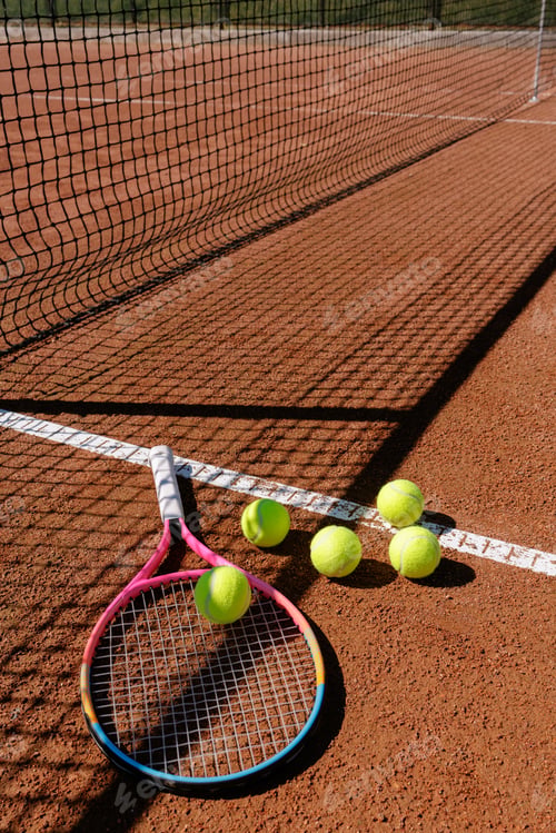 Preview: Tennis racket and balls on clay court near net shadow with copy space