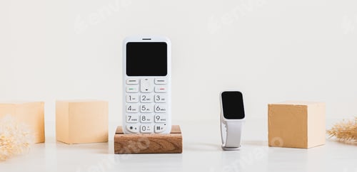 Preview: Synchronization of a retro push-button telephone and a fitness bracelet concept web banner