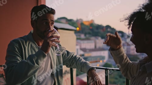Preview: Carefree friends enjoying evening closeup. Couple spending time together talking