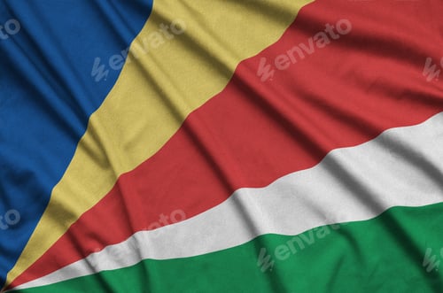 Preview: Seychelles flag is depicted on a sports cloth fabric with many folds. Sport team waving banner