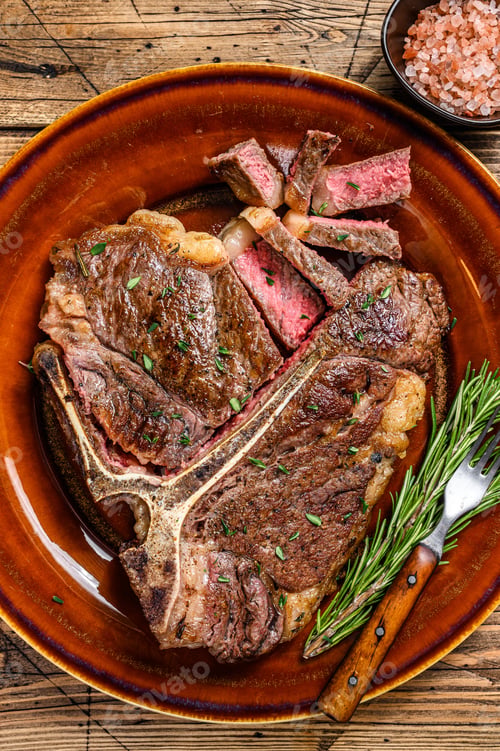 Preview: Barbecue Roast porterhouse or t bone beef meat Steak on a rustic plate. wooden background. Top view