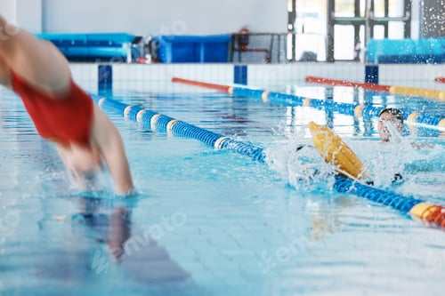 Preview: Swimming pool, sports and woman diving in water for training, exercise and workout for competition.