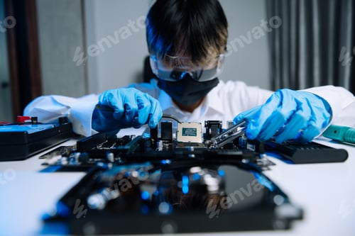 Preview: The technician is putting the CPU on the socket of the computer motherboard. electronic engineering