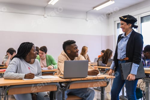 Visualização: Alunos do ensino médio aprendendo e interagindo com o professor em sala de aula