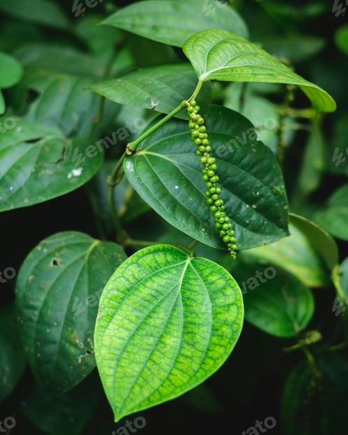 Preview: Fresh unripe black pepper seeds in the pepper plant close up.
