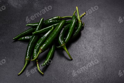 Preview: Hot pepper of green color on a dark concrete background