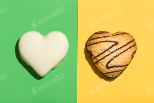 Preview: Chocolate cookies with heart shape on green and pink background