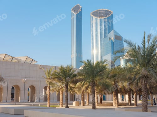 Preview: A city skyline in Abu Dhabi with a modern-looking park