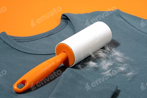 Preview: Adhesive lint roller removing pet hair from teal blue sweater on bright orange background