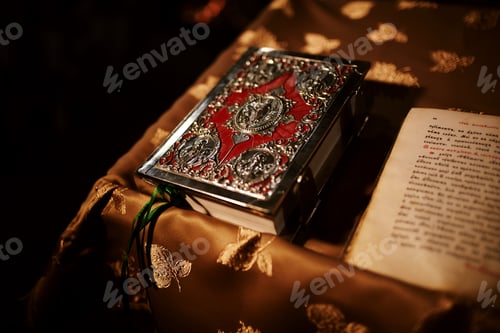 Preview: Bible on altar table. Faith and religion concept. Preaching background. Church interior. Lord's
