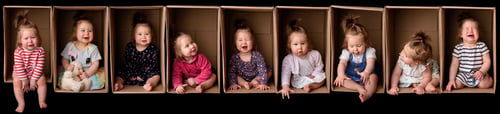 Preview: Collage of 9 photos with a little girl in a cardboard box.