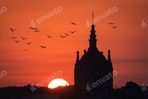 Preview: Majestic church illuminated in the golden light of the sunset in Matanzas, Cuba