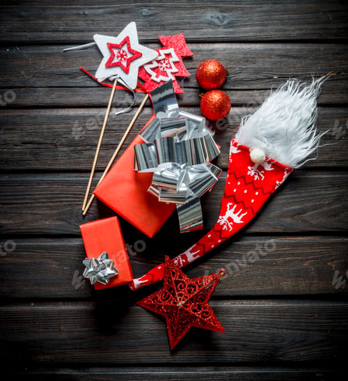 Preview: Christmas composition of red gift boxes and Christmas decorations.