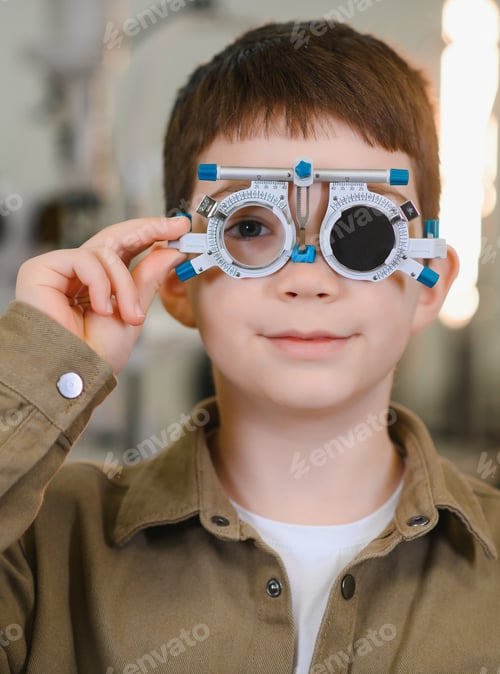 Preview: Boy undergoing vision diagnostics with trial frame in ophthalmology clinic