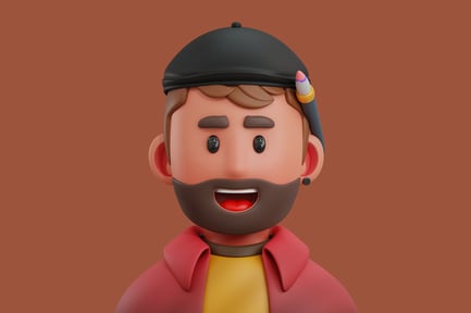 Visualização: Ilustração de desenho animado de um homem com um lápis atrás da orelha.