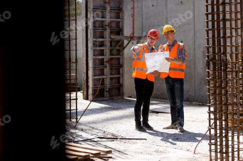 Preview: Structural engineer and construction manager in orange work vests and hard helmets explore