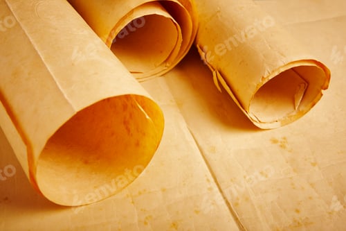Preview: Old aged blank rolled parchments. Antique documents. Vintage manuscripts. Horizontal