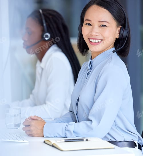 Preview: Call center, crm and Asian worker with a smile for telemarketing, online support and customer servi