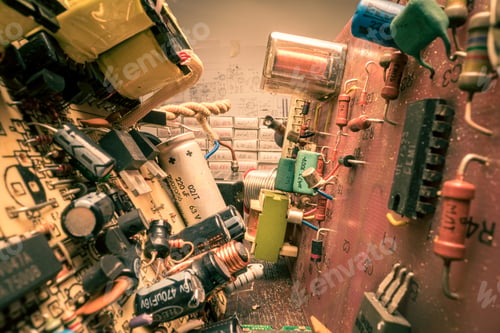 Preview: Retro electronics workshop. with parts, soldering iron and voltmeter