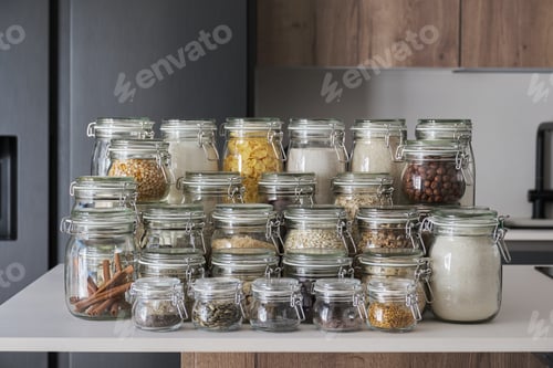 Preview: Variety of dry foods, grains, nuts, cereals in glass jars.
