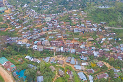 Preview: Immigration refugees residential village houses in countryside, rural area. Local community houses