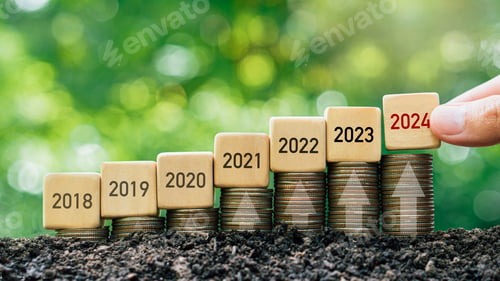 Preview: 2024 goals concept.Hand holding a wooden cube from the past to 2024 on stack coin.
