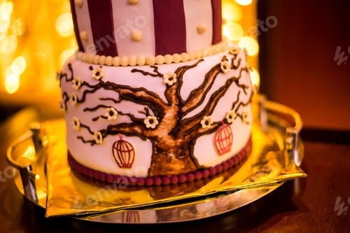 Visualização: Bolo de casamento com uma foto de uma árvore de perto