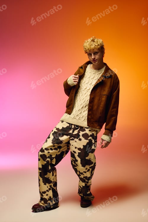 Preview: Stylish man showcases trendy holiday fashion for Christmas 2025 in vibrant setting
