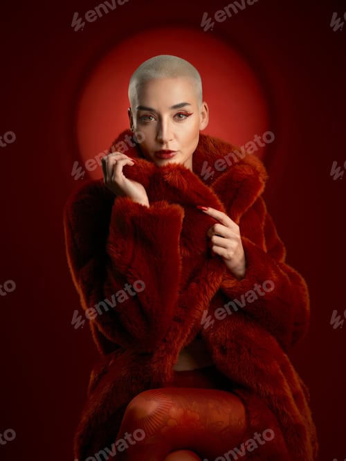 Preview: Confident woman, fashion and portrait of a red coat in studio isolated on a background. Face, makeu