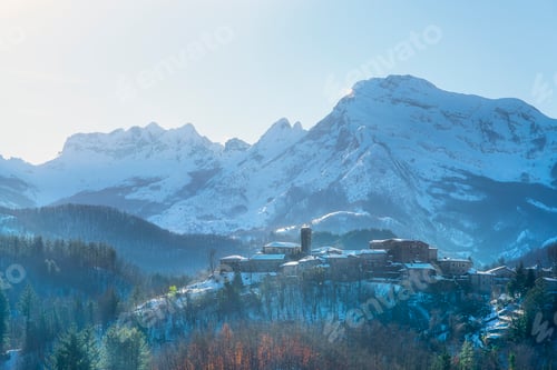 Preview: Snowy Apuan Alps and Nicciano Village Winter Landscape in Garfagnana
