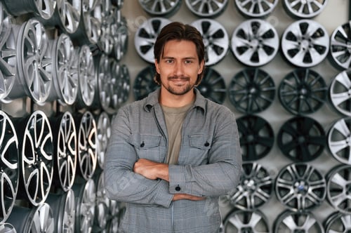 Preview: Many of the disks on walls. Man is in the tire fitting car service