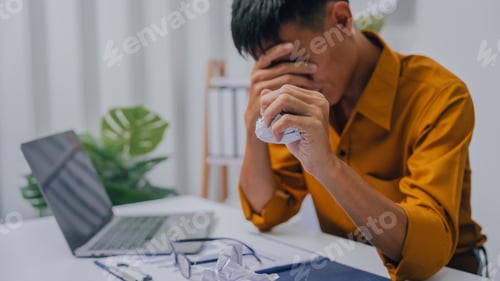 Preview: Stressed asia people businessman financial crisis, crazy, angry doing bookkeeping with financial