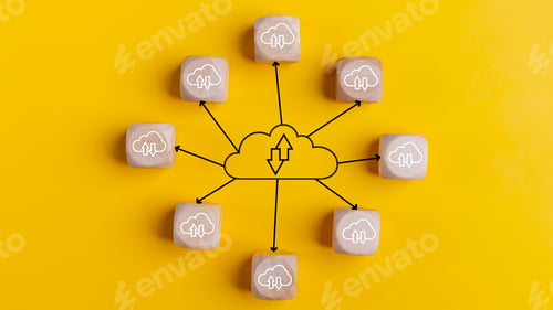 Preview: Cloud computing concept with wooden cubes on a yellow background. Top view. Cloud technology.