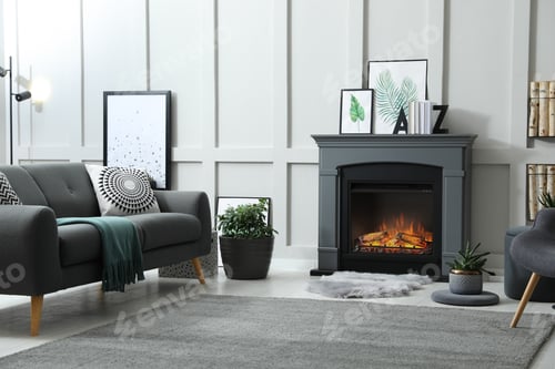 Preview: Stylish living room interior with electric fireplace and comfortable furniture