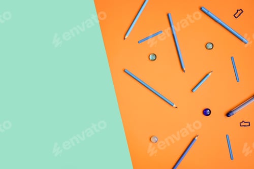 Preview: Stationery on orange. Flat lay.