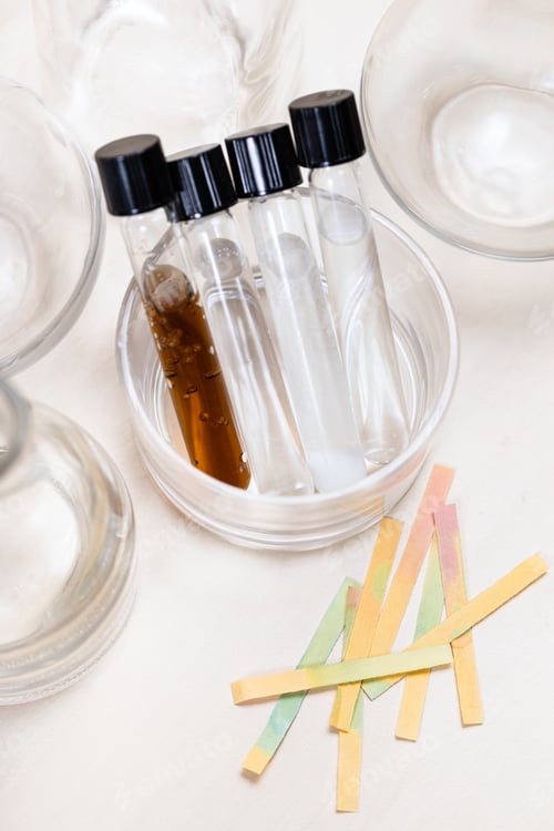 Preview: test tubes with liquids and used litmus papers