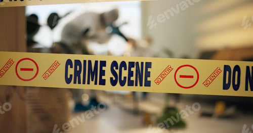 Preview: Crime scene tape, photography and people in house for evidence, investigation and inspection. Law e