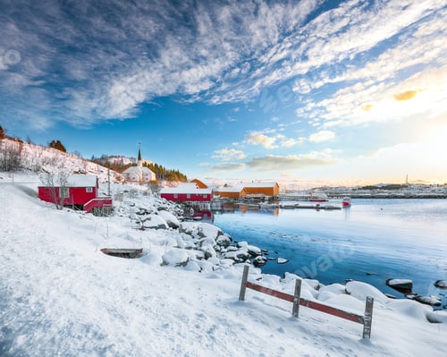 Preview: Outstanding winter scenery of Moskenes village with ferryport and famous Moskenes parish Church.