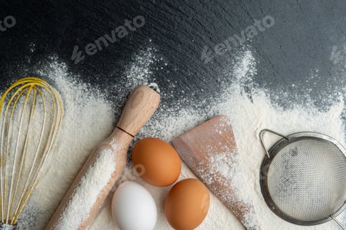 Preview: Baking utensils laying on flour background flat lay view with copyspace