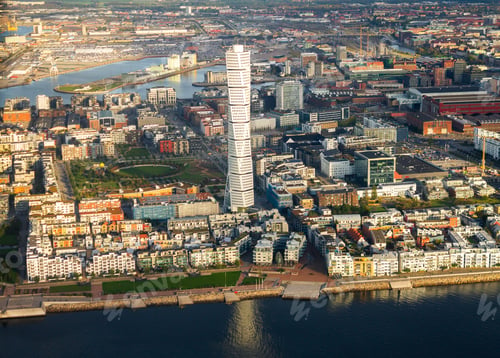 Preview: Aerial view of Turning Torso residential skyscraper in Malmo city