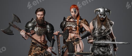Preview: Redhead female viking with two comrades against grey background