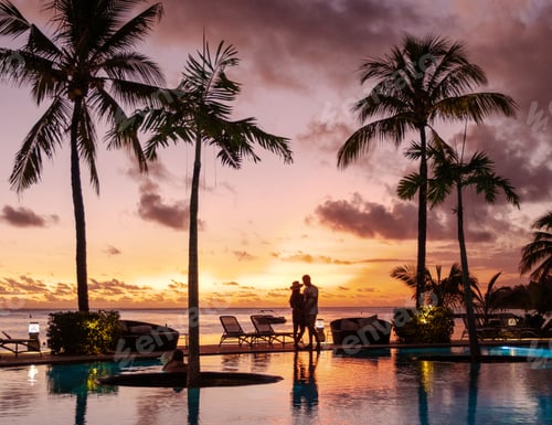 Preview: Romantic sunset at a luxury resort in Mauritius by the serene poolside