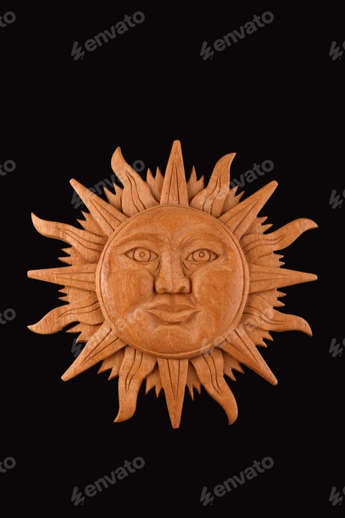 Preview: Mexican wooden carved Mayan sun symbol plate isolated on black
