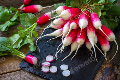 Preview: Fresh radishes on wooden background.