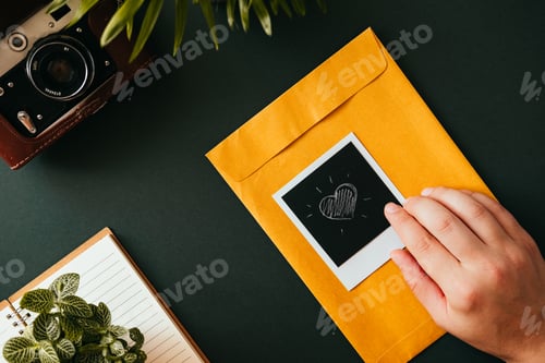 Vista previa: Flat lay of hand lies next to a polaroid shot