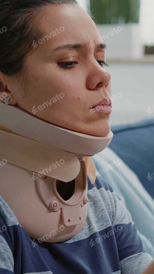 Preview: Close up of injured woman with cervical neck foam